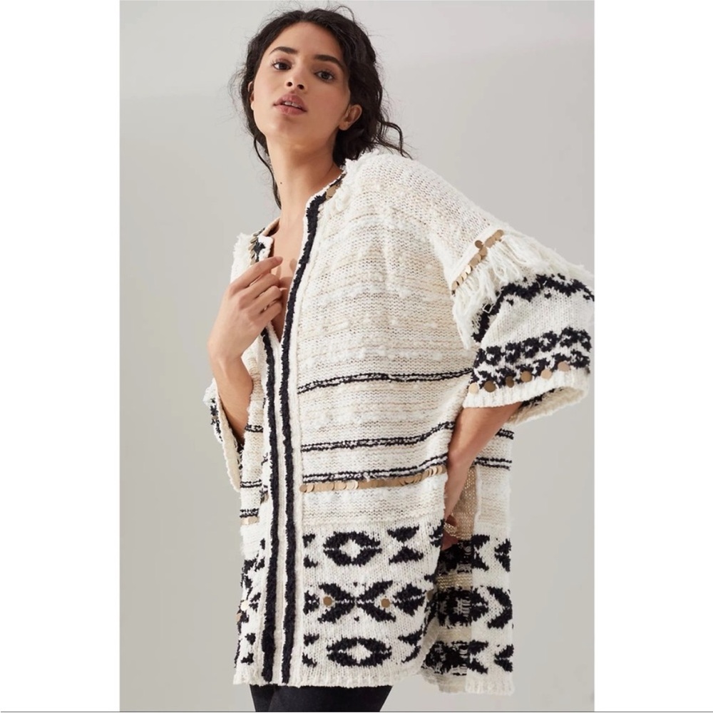 Anthropologie Cream and Black Patterned Open Cardigan Sweater
